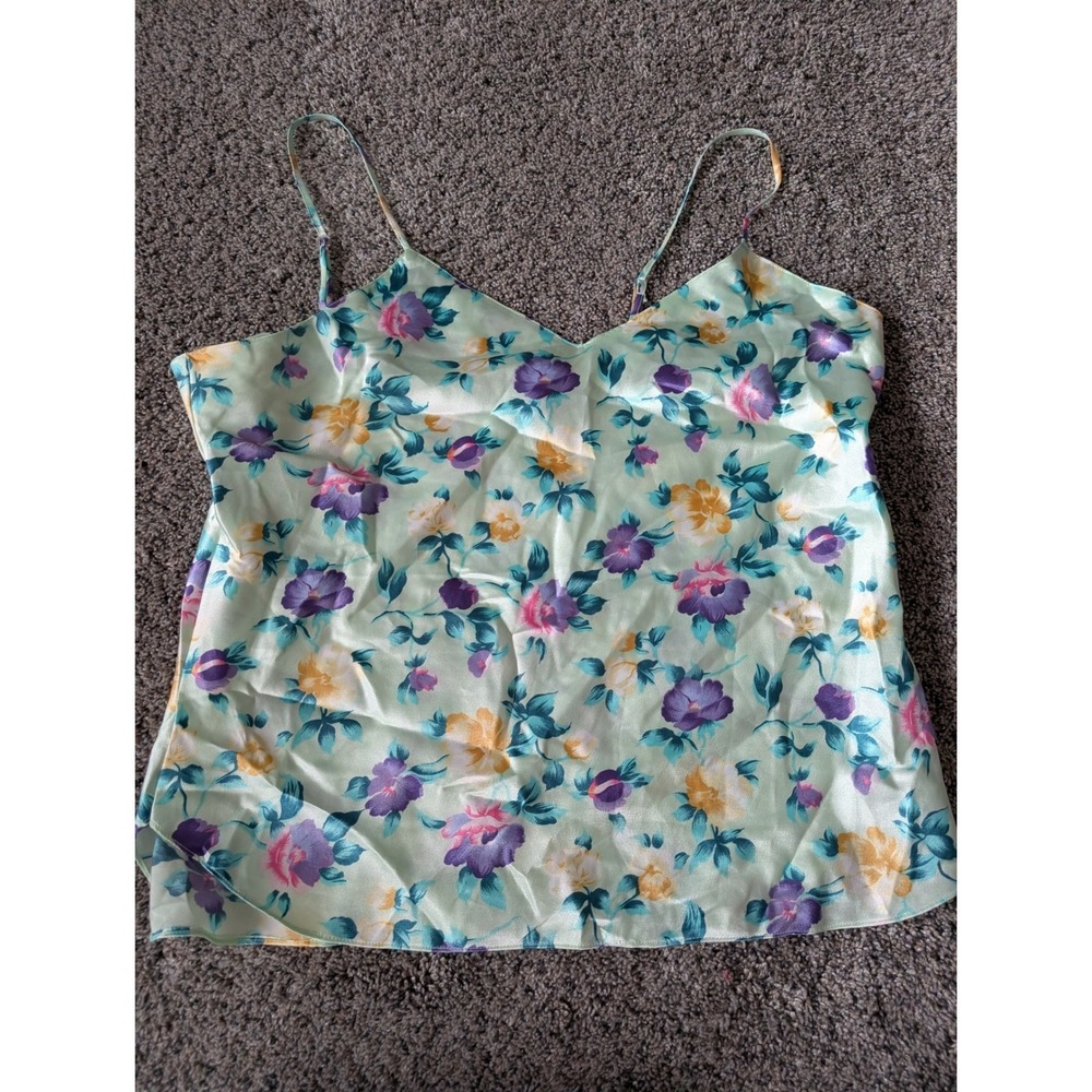 Vintage Floral Satin Camisole Mint Green V-Neck Adjustable‎ Strap Tank Top XL